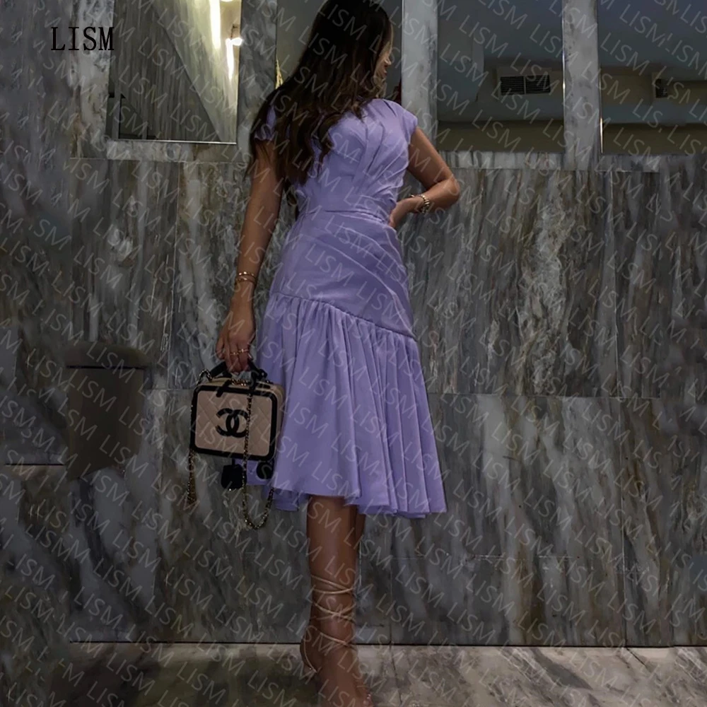 

LISM Purple A-line Short Evening Party Dresses Short Sleeeves Tea-length Simple Beach Saudi Arabic Prom GownsProm Gown Classy
