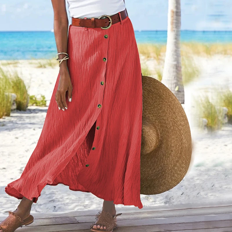 

2022 Autumn Elegant Slit Solid Color Long Skirts Fashion Cotton Linen Buttoned A-Line Skirt Summer Women Sexy Loose Party Skirts