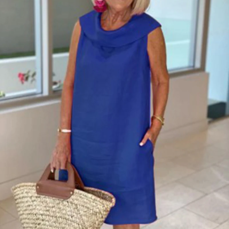 

Fashion Scarf Collar Loose Mini Dress Elegant Cotton Linen Solid A-Line Dress Women Casual Sleeveless Pocket Party Dress Vestido