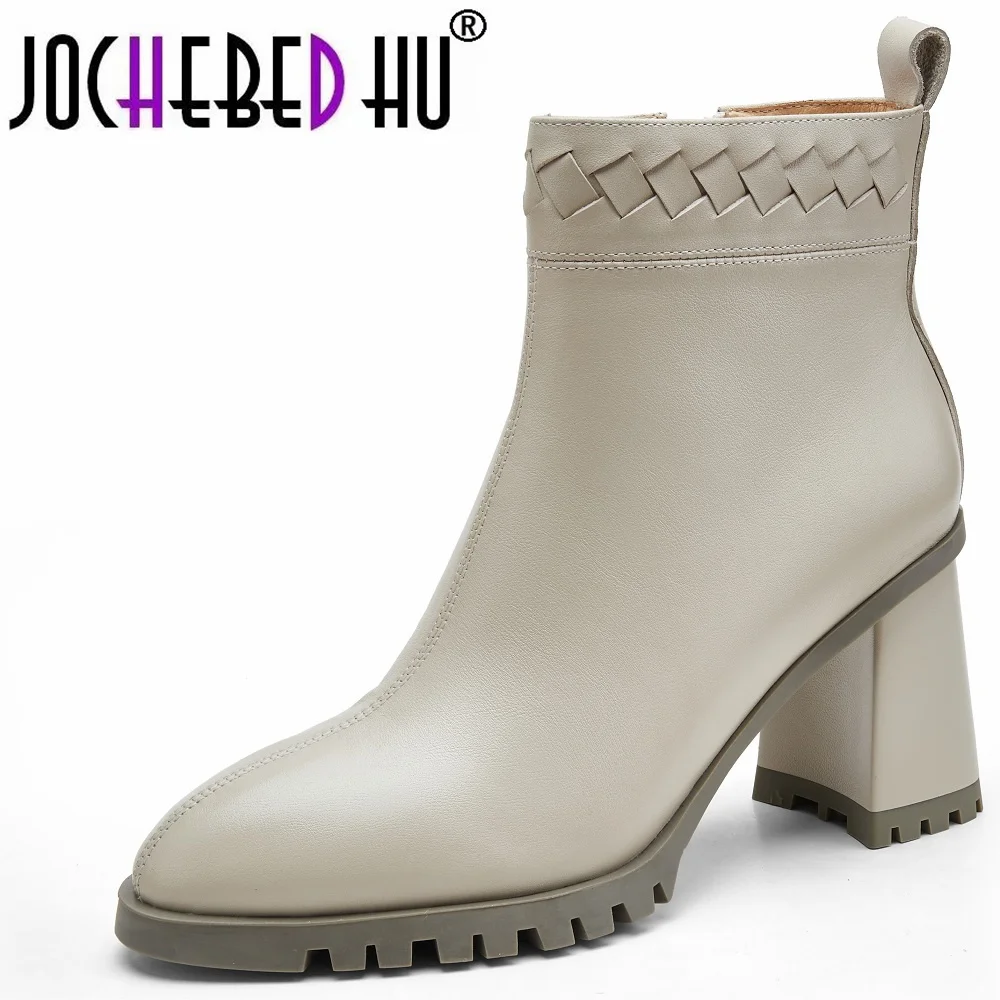 

【JOCHEBED HU】autumn and winter Women ankle boots natural Genuine Leather upper Side zip skinny boots shoes Size 34-40
