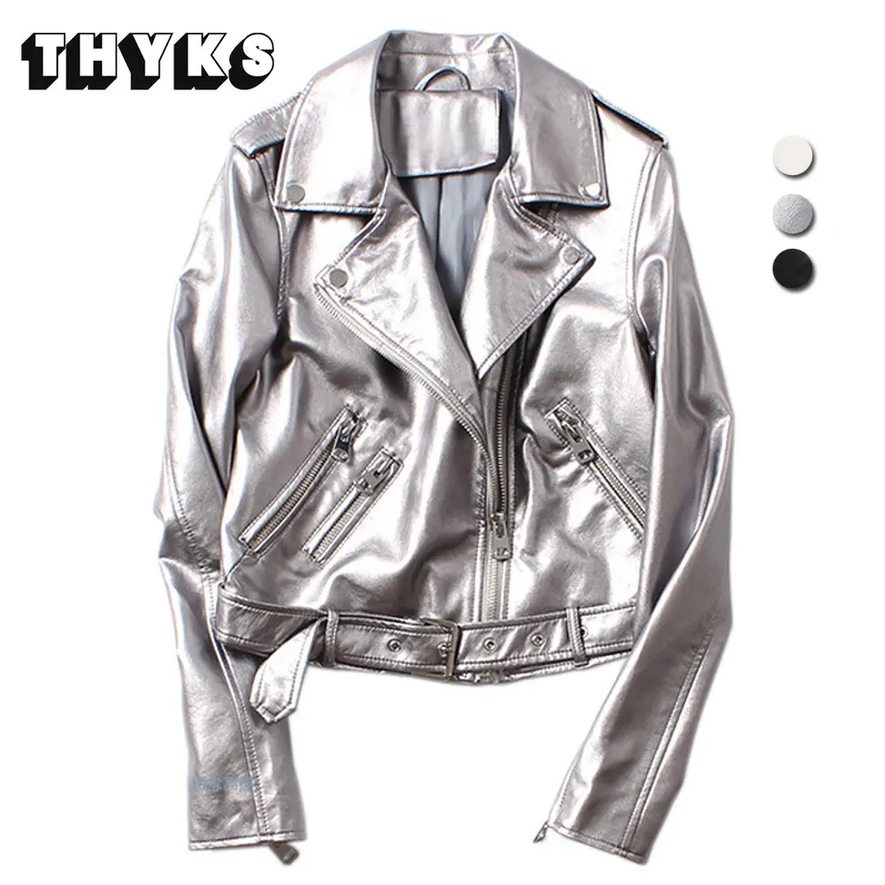 Women Faux Leather Jackets Lady Glossy Silver PU Motorcycle Jackets Biker Street Coats Female Soft Leather Outwear With belt New