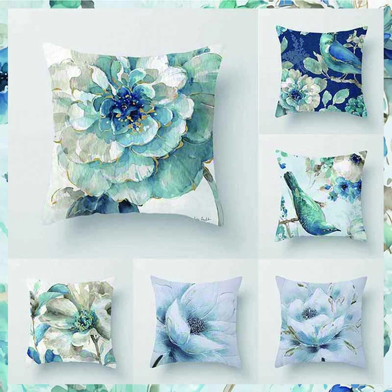 

Car Sofa Cushion Pillow Cover Square Pillow Cover Blue Flower Print Decorative Household Seat Pillow Cover