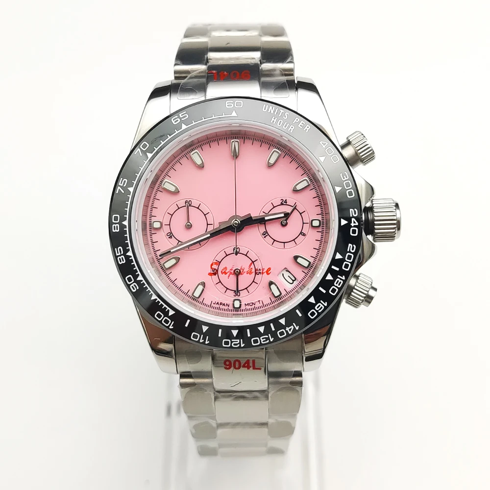 12 colors Dress 39mm Quartz Chronograph Sapphire Crystal Men's Watch VK63 Movement Calendar Oyster Strap Pink Luminous Dial