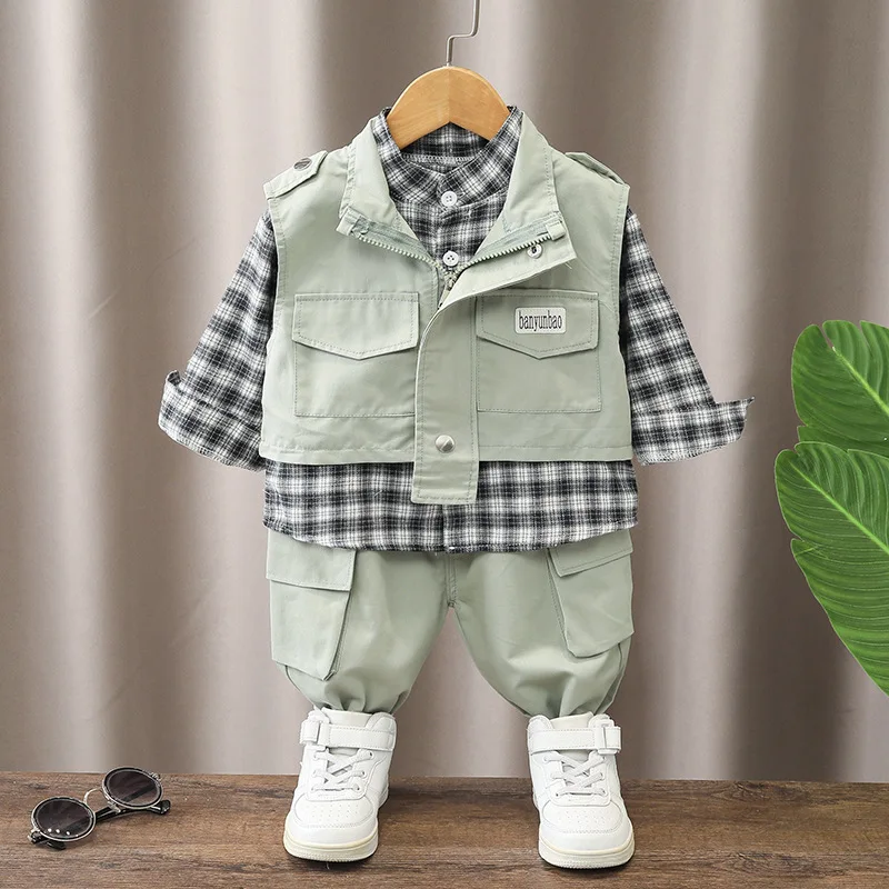 

Baby Boy Clothes 9 to 12 Months Vest + Plaid Shirts + Pants 3 PCS Infant Outfits Toddler Boys Clothing Set Kids Bebes Trackusuit