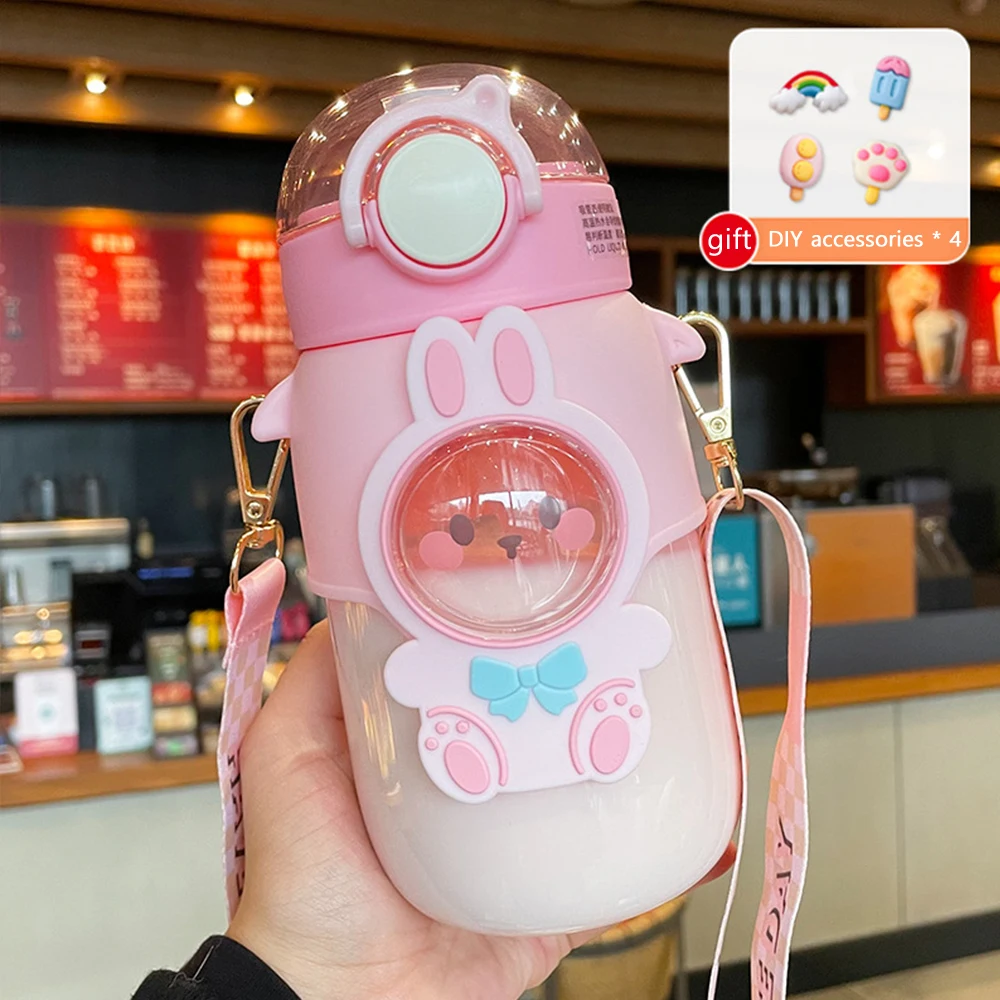 Милая бутылка для воды девочек пластиковая чашка с веревкой 700 мл соломинкой