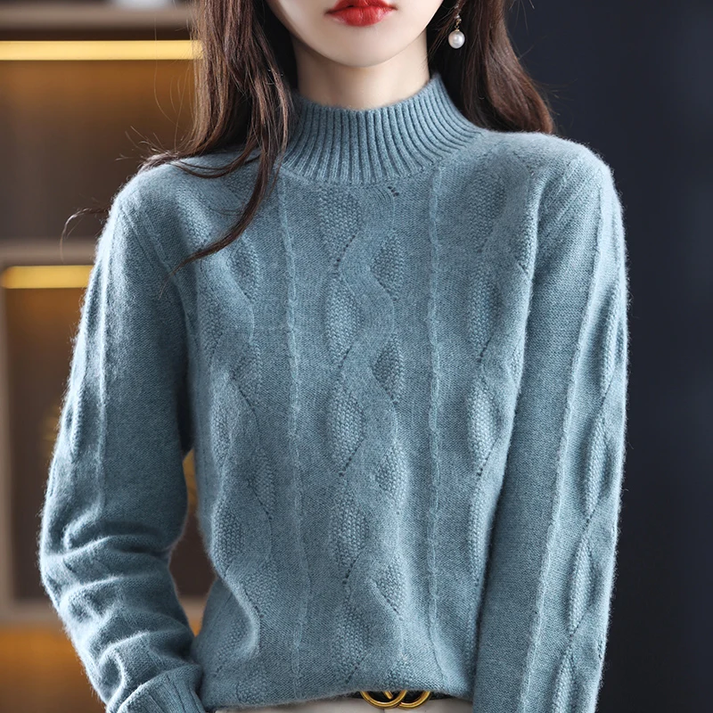 

Autumn and winter new women's simple solid color twist half turtleneck sweater loose temperament commuter pure wool thickened sw