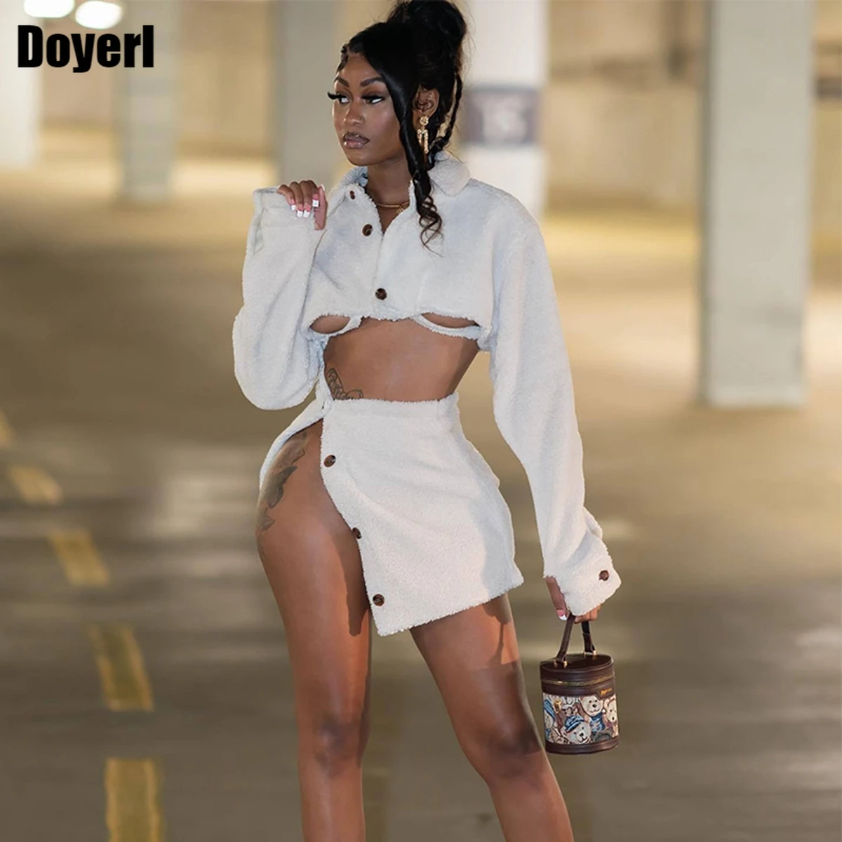 

Женский зимний комплект из двух предметов, элегантная Сексуальная укороченная куртка и мини-юбка с боковыми пуговицами