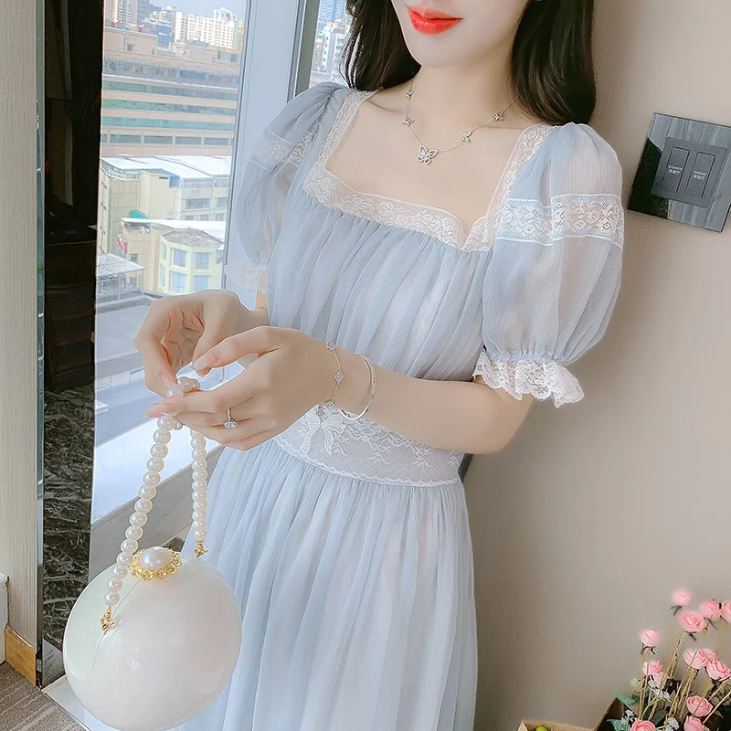 

#5796 винтажные повседневные платья, женские летние платья с коротким рукавом и высокой талией, женское синее платье миди, женская тонкая одеж...