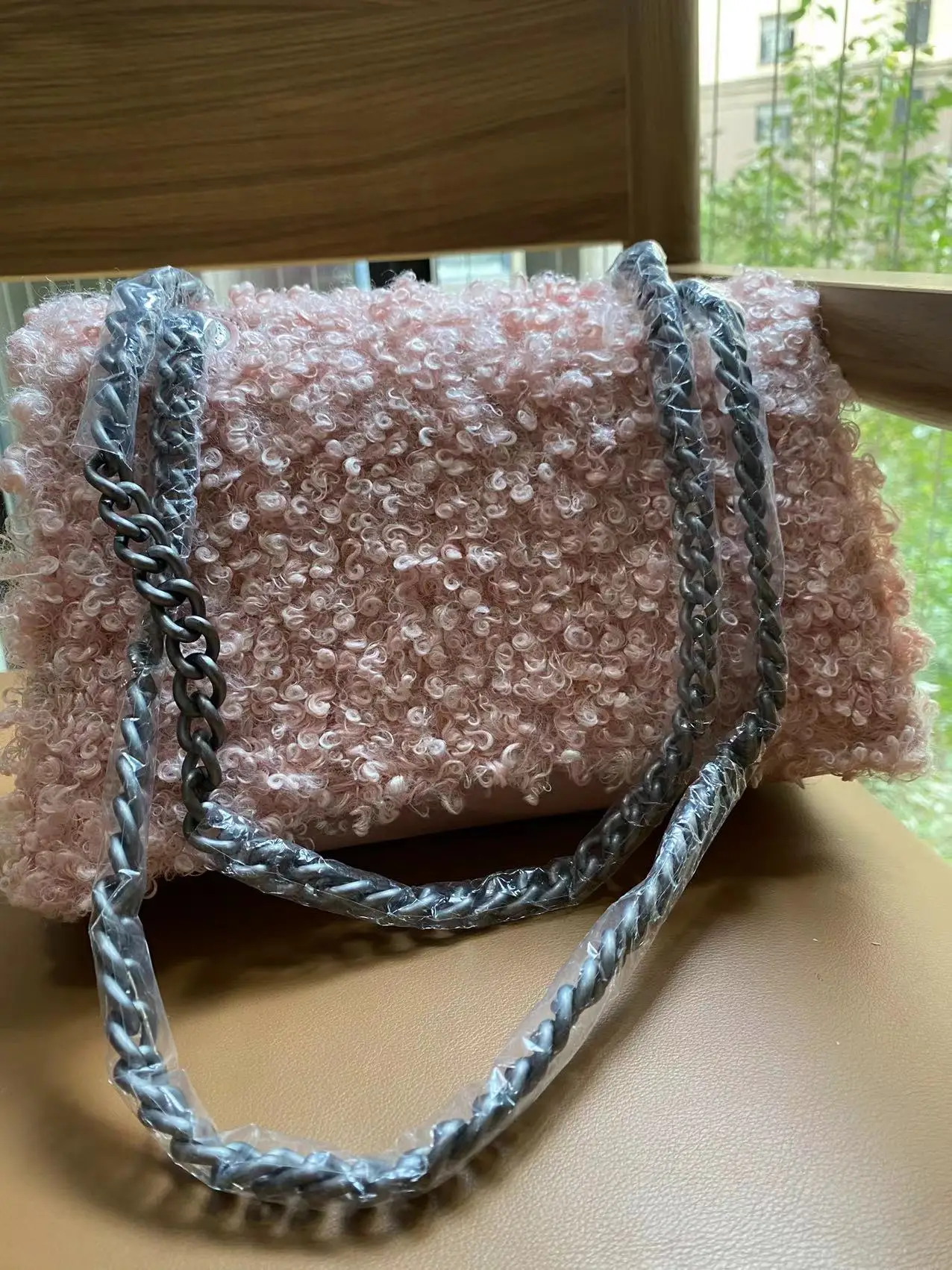 

By H 22/23 Winter Women's Fur Shoulder Bag Pink Genuine Leather Flap Handbag Crossbody Fashion Designer Bolsa Lady Purse 25cm