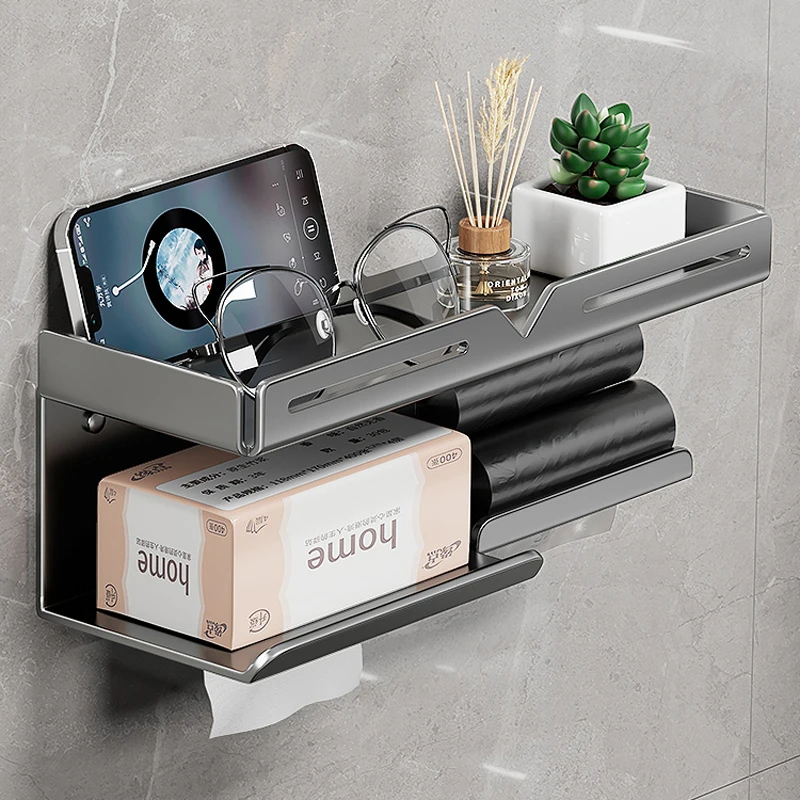 

Large Double Toilet Paper Holder Bathroom Shelf Shampoo toilet Holder Kitchen Shelf Phone Aluminum Rack Wc Accessories Gun Grey