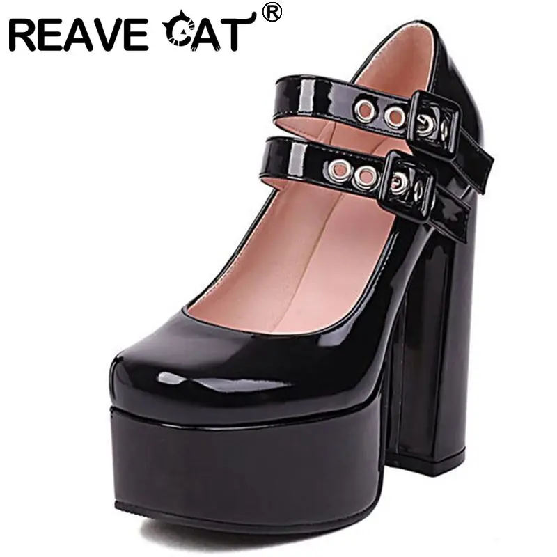 

Женские туфли-лодочки на платформе REAVE CAT, весенние однотонные черные или белые праздничные туфли большого размера 35-41 на массивном каблуке ...