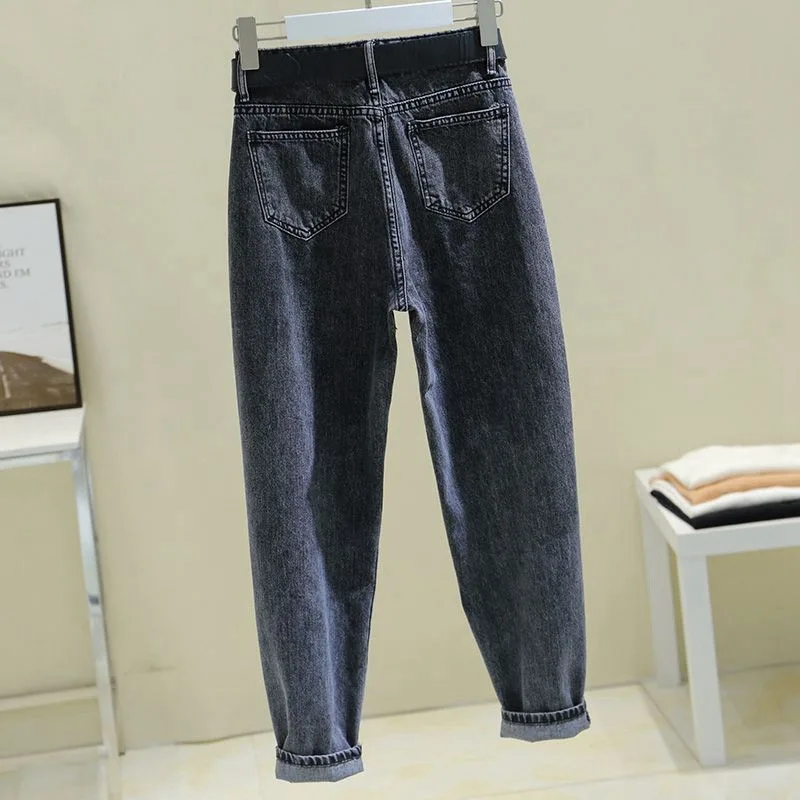 Smoke gray jeans women's autumn and winter new Korean version loose high waist thin all-match Harlan dad pants tide