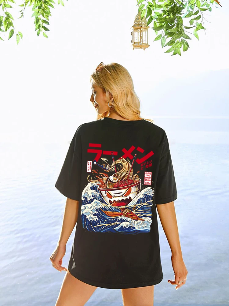 

Футболка Ukiyo-e женская с круглым вырезом, свободная дышащая хлопковая рубашка в стиле колокольной лапши, летняя одежда