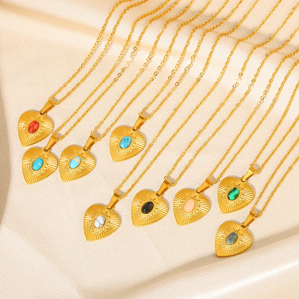 

Rhinestone Heart Natural Stone Necklace Crystal Geometric Stainless Steel Pendant Necklace Fashion Jewelry Gift