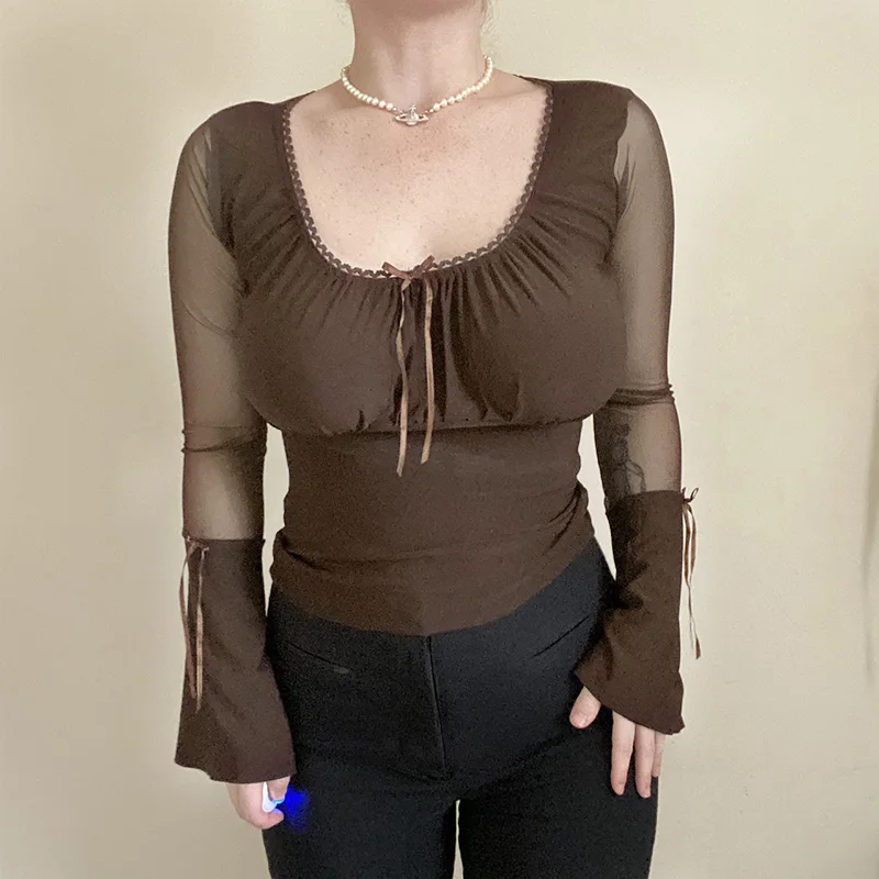 

Ladies Flare Full Sleeve T-Shirt Slim and Elegant Slim Mesh Patchwork Transparent High Street Retro T-Shirt 2021 New Women's Top