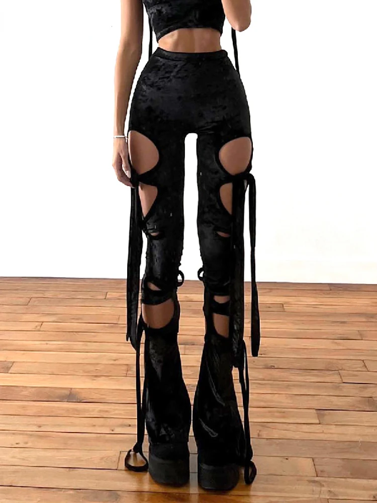 

Goth Dark Velvet Hollow Out Mall Gothic Pencil Pants Grunge Aesthetic Punk Sexy High Waist Trousers Y2k Bandage Women Alt Bottom