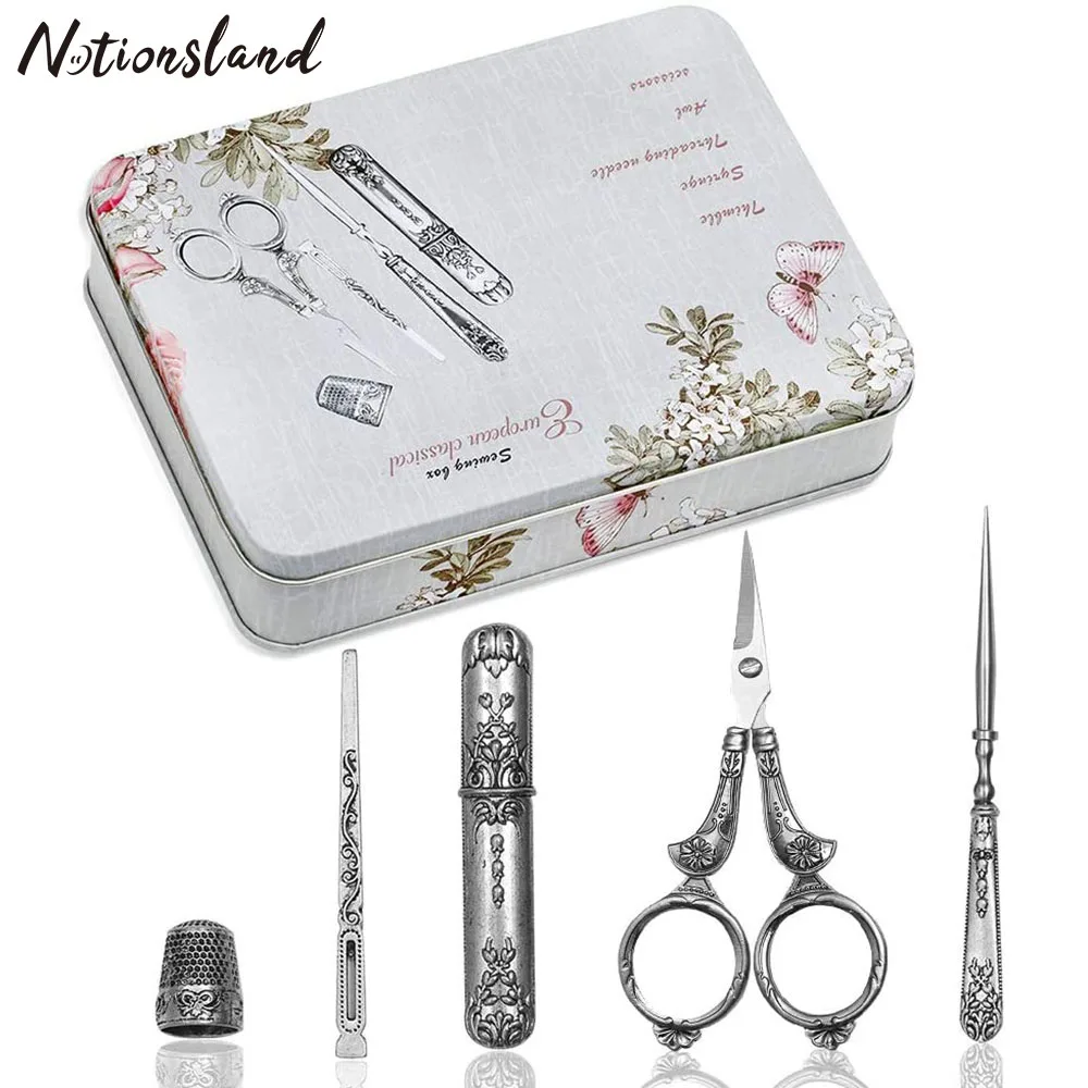 

European Antique Vintage Sewing Kit Embroidery Scissors Kit Iron Box Vintage Sewing Tool with Embroidery Scissors for Needlework