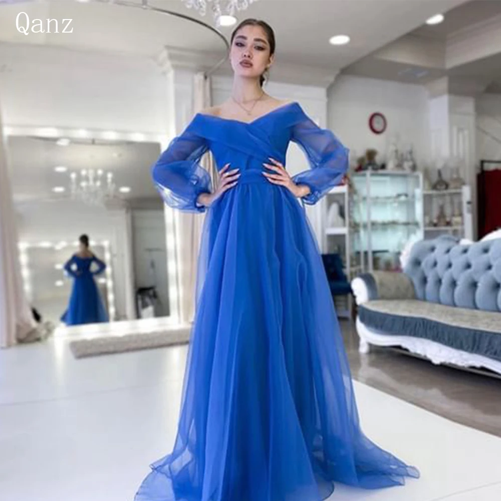 

Qanz Prom Dresses Long Vestido De Fiesta Sexy High Leg Slit Party Dress Prom Dress A-Line Simple Royal Blue Tulle Evening Dress