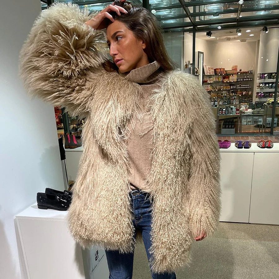 Women Lamb Fur Coat Mongolia Sheep With Round Collar Mid-Length Winter Real Jacket 2024
