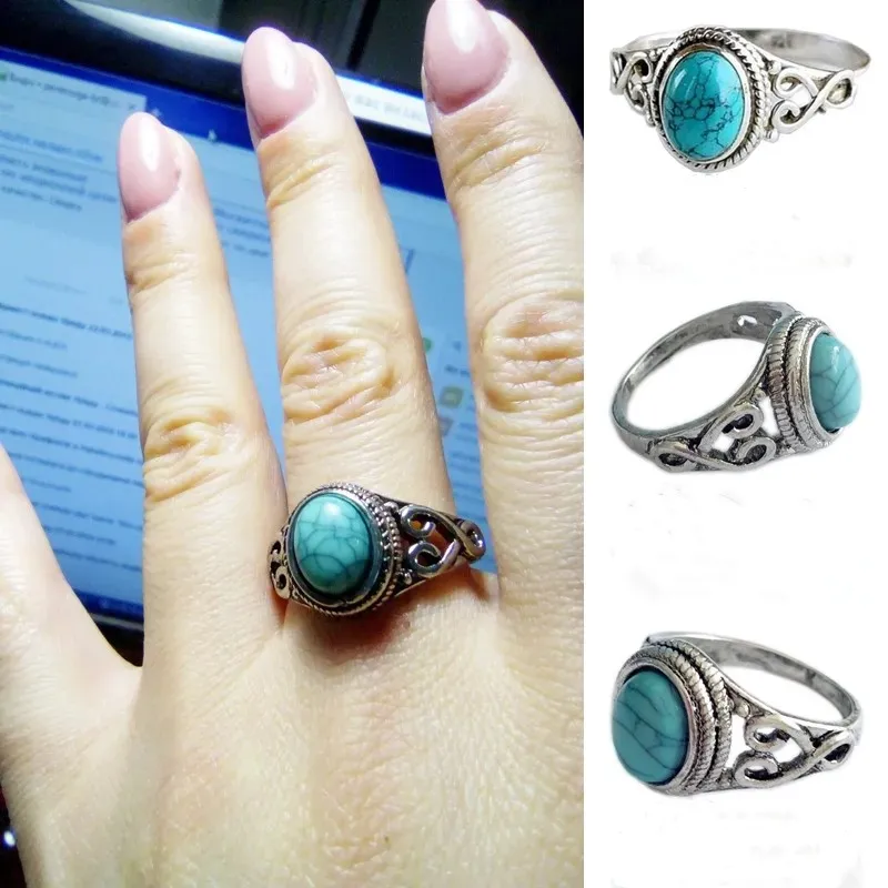 

Vintage Gem Turquoise Ring Bridal Wedding Engagement Ring Men's and Women's Ring Jewelry