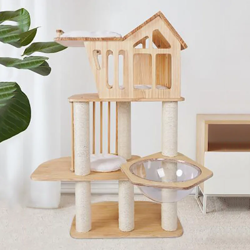 

Wooden Cat Tree Tower, House Climbing Tower, Toys for Cats, Games Park, Scraper, Accessories for Home, Condo Furniture, Gift