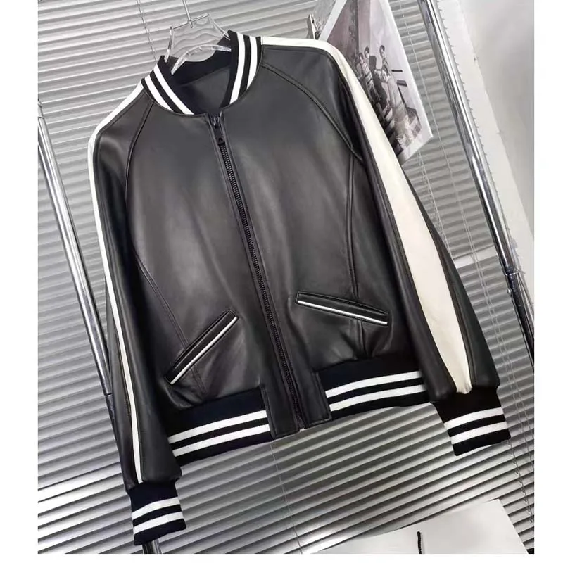 

Куртка женская из натуральной кожи, с круглым вырезом и воротником, весна 2023