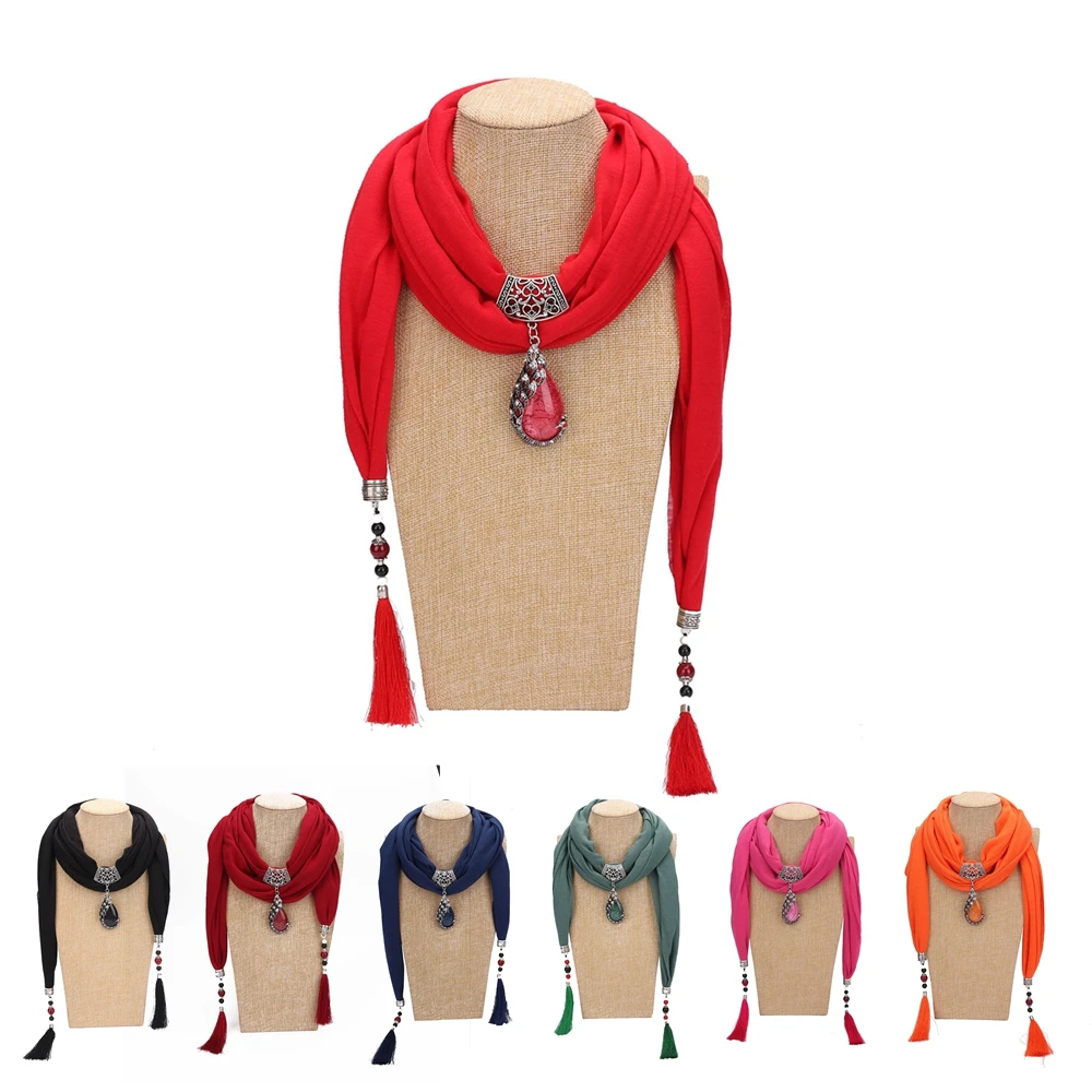 

Ceramic Bead Tassel Peacock Pendant Necklace Scarf Women Chiffon Muslim Headscarf Fashion Party Jewelry Ethnic Hijab