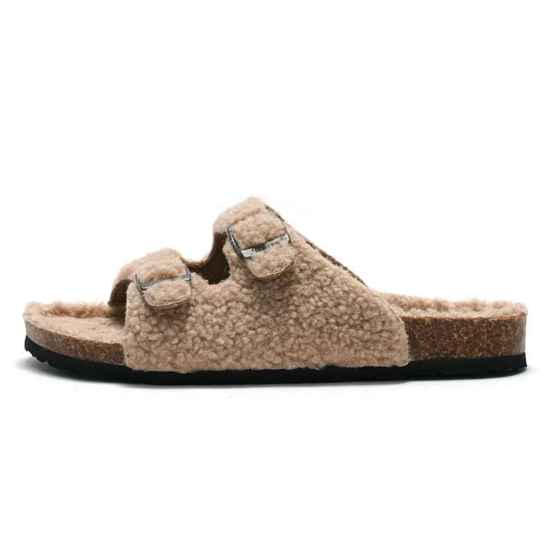 

Slippers Woman Home Shoes Flats Clog Heel Adjustable Buckle Band Cork Slides Ladies Fur Cotton Shoes Winter Shoes for Women