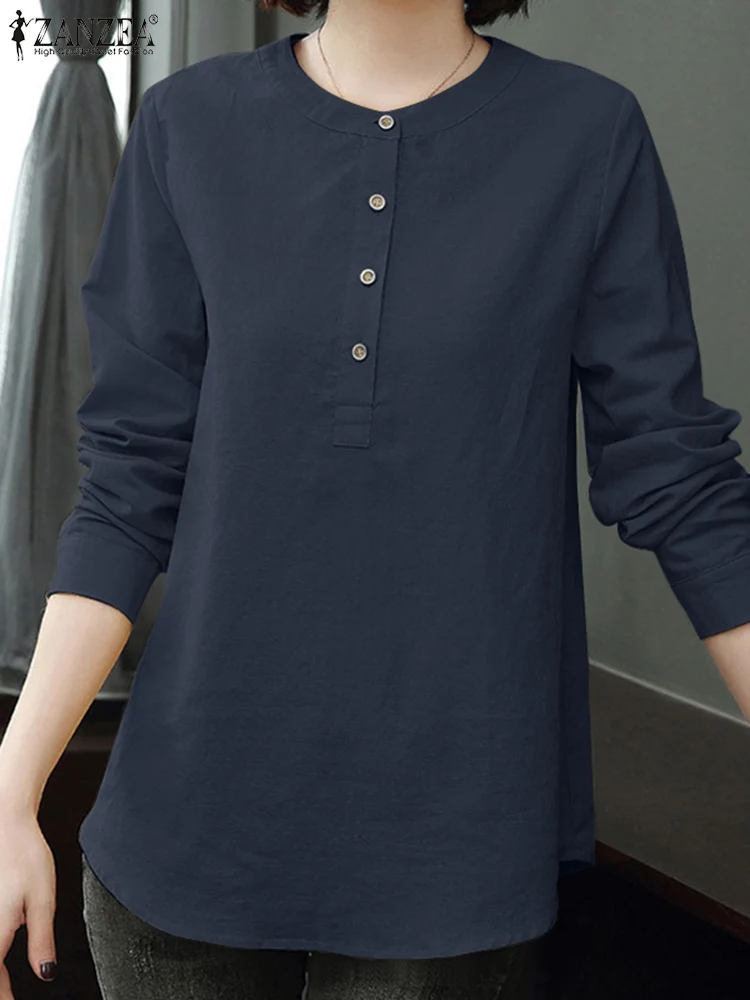 

2023 ZANZEA Spring Solid O-Neck Shirt Lady Elegant Casual Simple Work OL Tops Autumn Women Long Sleeve Button Cuffs Blouse