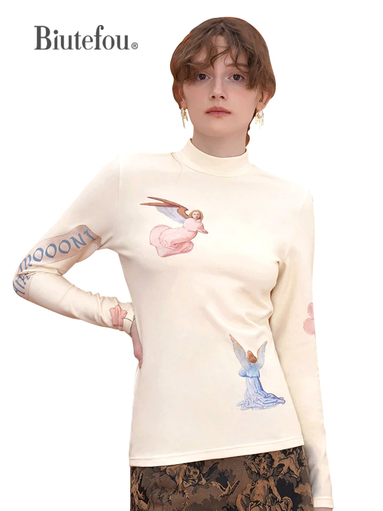 2023 Spring Women Angel Hand Drawn Slim Long Sleeve T-Shirt