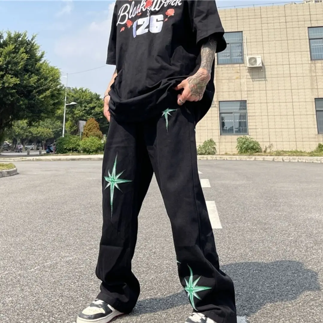 2023 Summer American Street Hip Hop Y2K Embroidered Loose Fit Straight Leg Jeans Men's High Street Fashion Versatile Pants