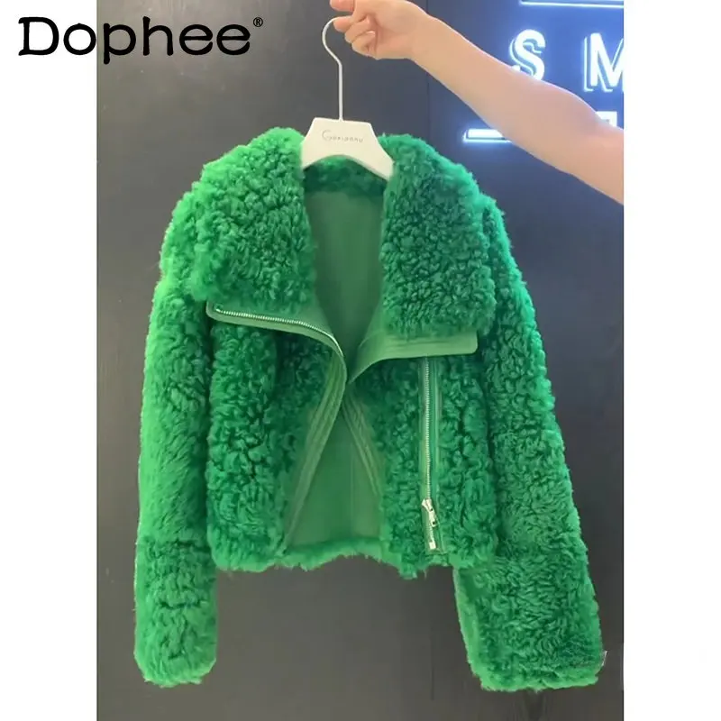 Fashion Green Faux Wool Lamb Fur Coat for Women 2023 Spring Winter New Small Short Woolen Coats Cropped Jacket Femme