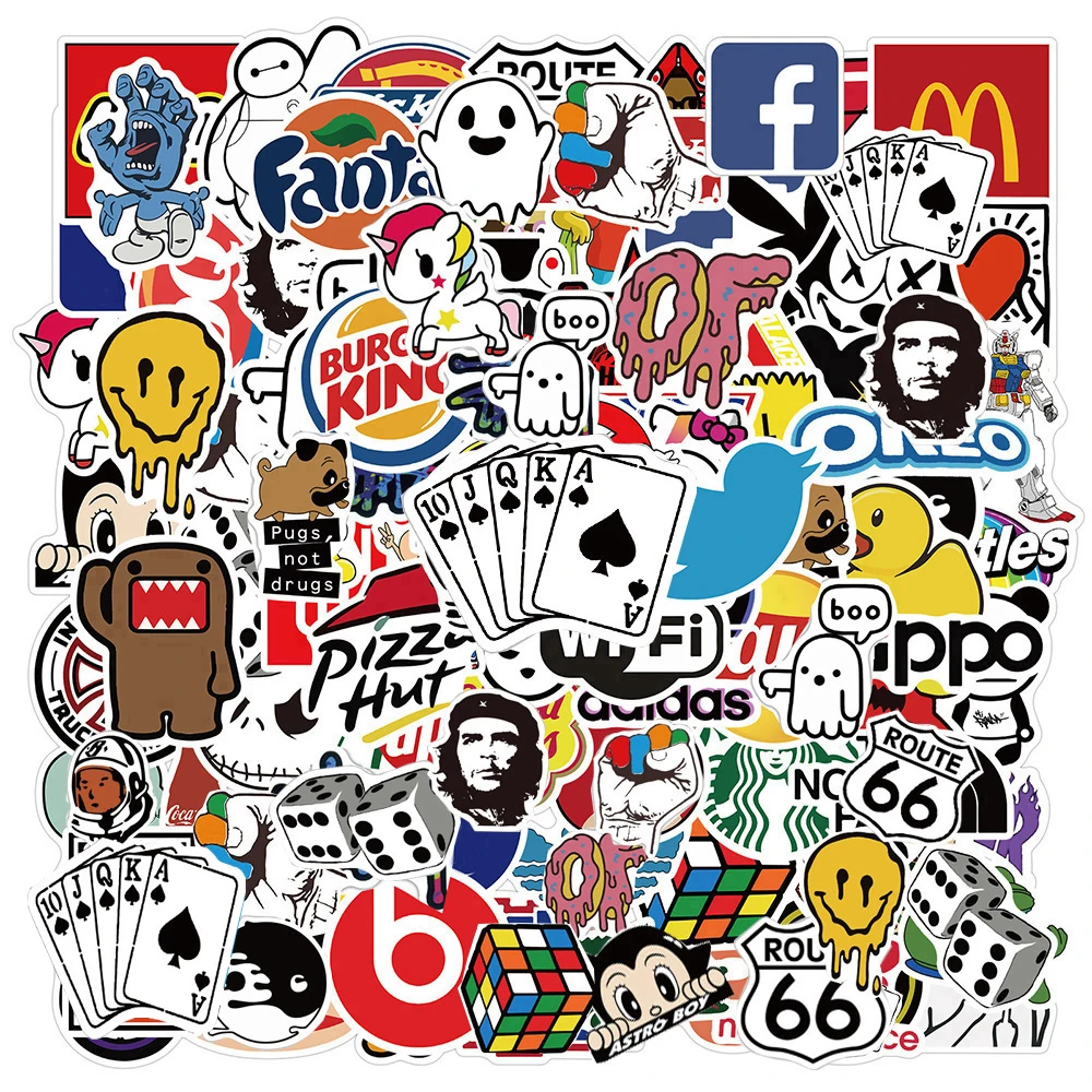 100pcs cool brand logo stickers rock band skateboard suitcase laptop bike guitar phone waterproof graffiti sticker decal kid toy free global shipping