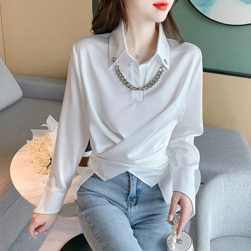 

Satin Women's Blouse Fashion White Shirt Summer Solid High Street Long Sleeve Top Loose Female Clothing Turn-down Collar