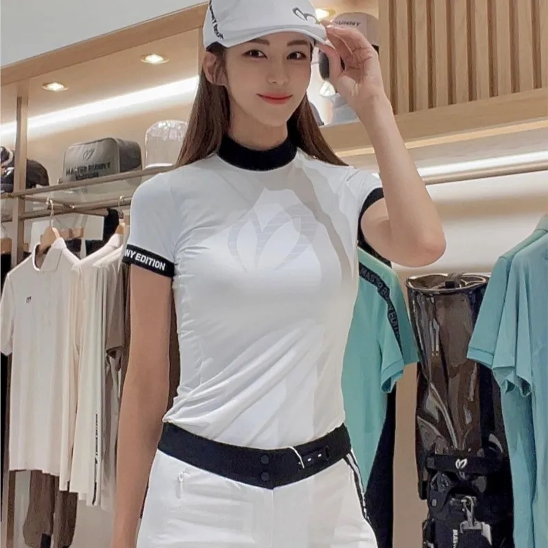Golf women's summer stand collar short sleeve printed T-shirt side mesh breathable sweat wicking Sports Top
