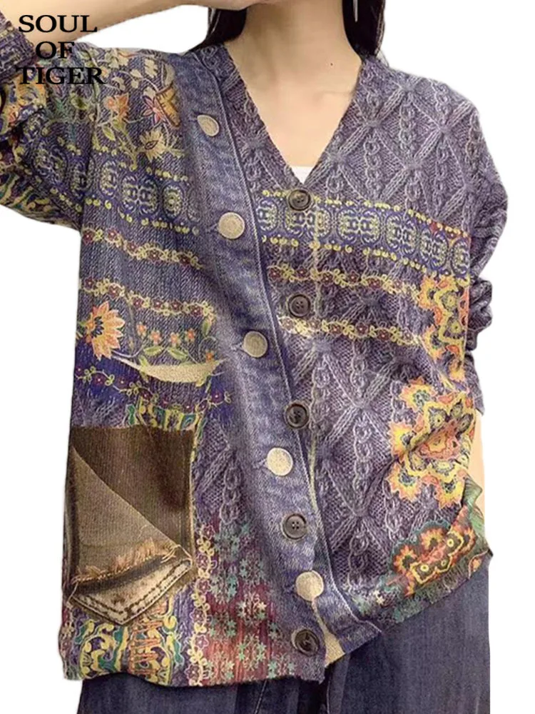 

Женский вязаный кардиган с принтом SOUL OF TIGER, винтажный свободный свитер с V-образным вырезом в Корейском стиле, зима 2022