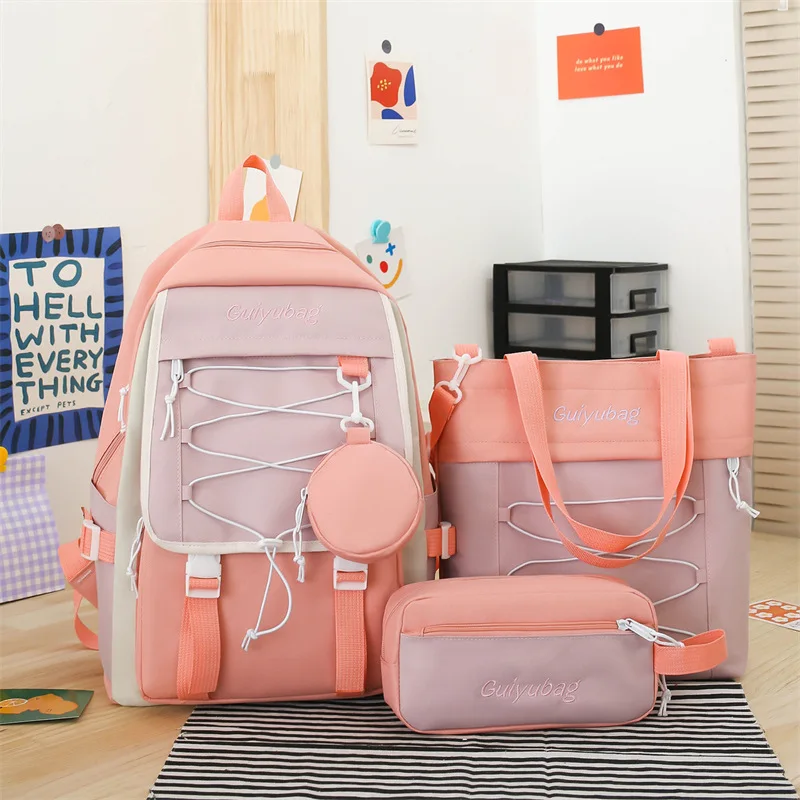 

Dropshipping kawaii 4pcs set school bag for girls backpacks for students cute schoolbag female school bags