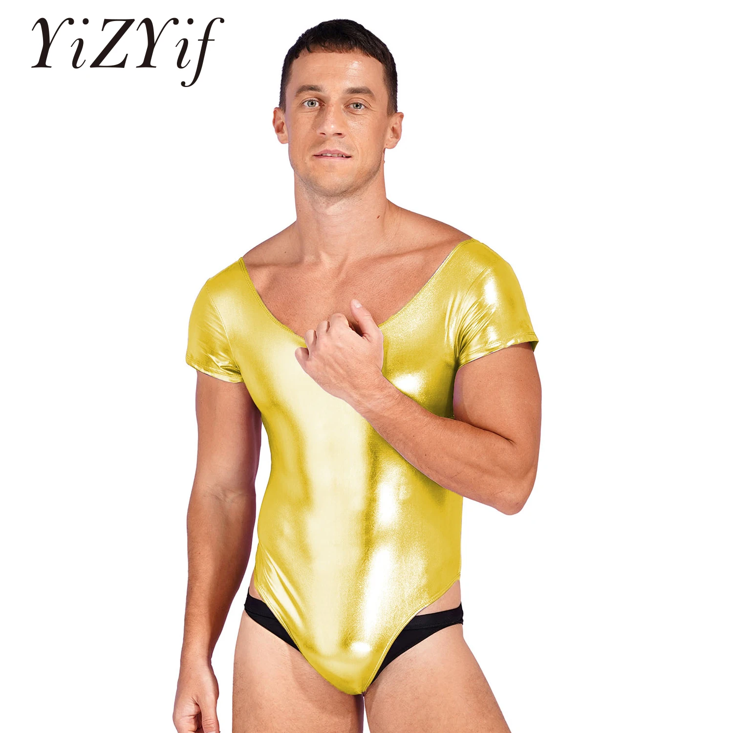 

Mens One-piece Swimsuit Glossy Patent Leather Bodysuit High Cut Short Sleeve Leotard for Dance Yoga Sports Fitness Swimming