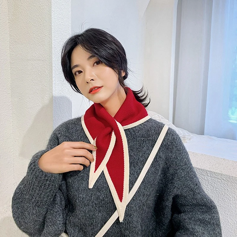 

Winter Women Triangular Scarves Solid Color Woolen Knit Elastic Bow Cross Warm Scarf Female Soft False Collar Neck Guard Bib