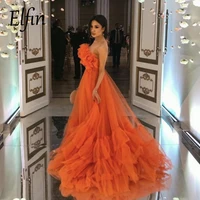 elfin orange ruffles tulle evening party dresses strapless tiered plus size prom dresses a line special occasion gowns