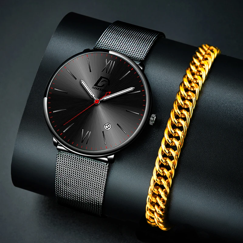

Мужские часы 2022, роскошные золотые браслеты, кварцевые наручные часы с сетчатым ремешком из нержавеющей стали, мужские светящиеся часы с календарем, часы