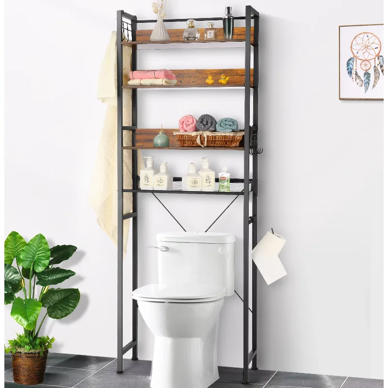 

Полка для унитаза Devo 69 дюймов, 4-уровневый стеллаж для хранения в туалете, органайзер для экономии места в ванной комнате с крючками, настенн...