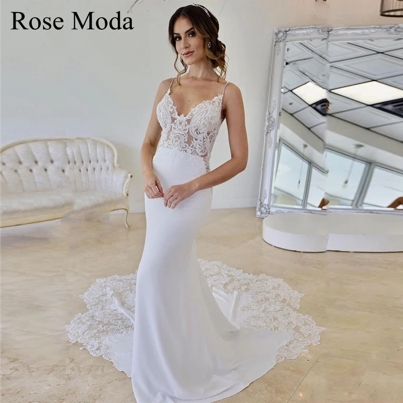 

Rose Moda Thin Straps V Neck Sheath Wedding Dress with Lace Cut Out Long Train Destination Bridal Gown Custom Make