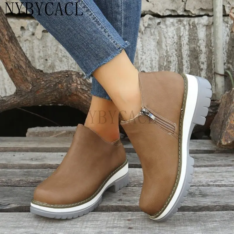 

Fashion Women Short Boots Round Toe High Top Platform Wedges Retro Booties Soft Leather Zipper Comfortable Ankle Boots for Woman