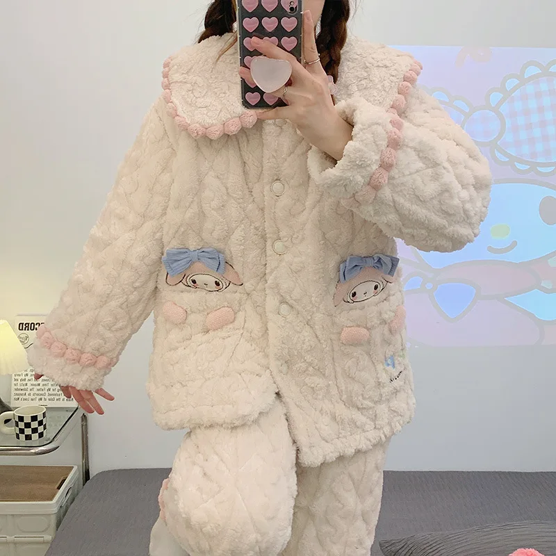 

Sanrio New My Melody Cute Winter Coral Velvet Pajamas Girls Three-Layer Thickened Warm Cotton Cartoon Home Plush Nightgown Suit