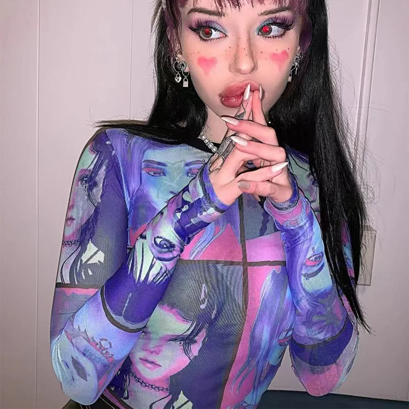 

2022 Spring Summer Y2K Anime Crew Neck Mesh Comics Women's Top
