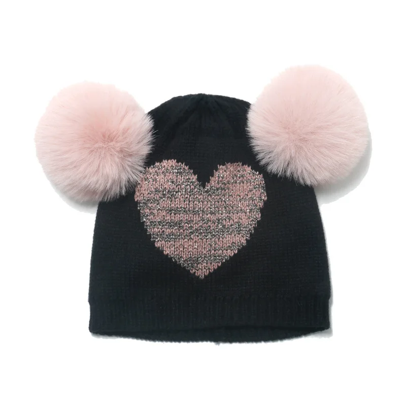 

Autumn and Winter New Double Wool Ball Wool Hat Girls Children Love Knitted Hat 2022