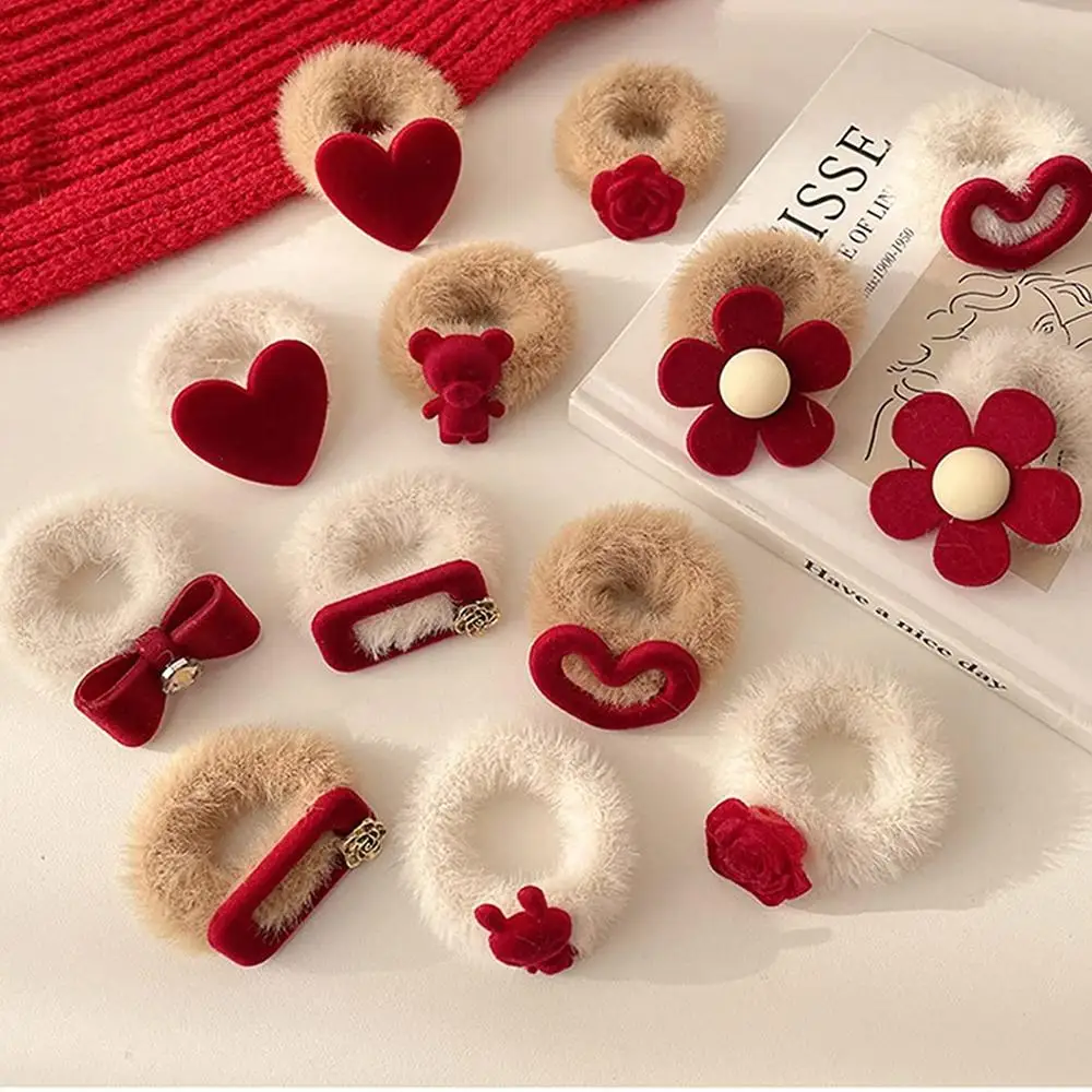 

Flocked Red Plush Hair Rope Set Furry Hair Scrunchies Hair Bands Ties Ponytail Holders For Girl Women Hair Accessories Wholesale