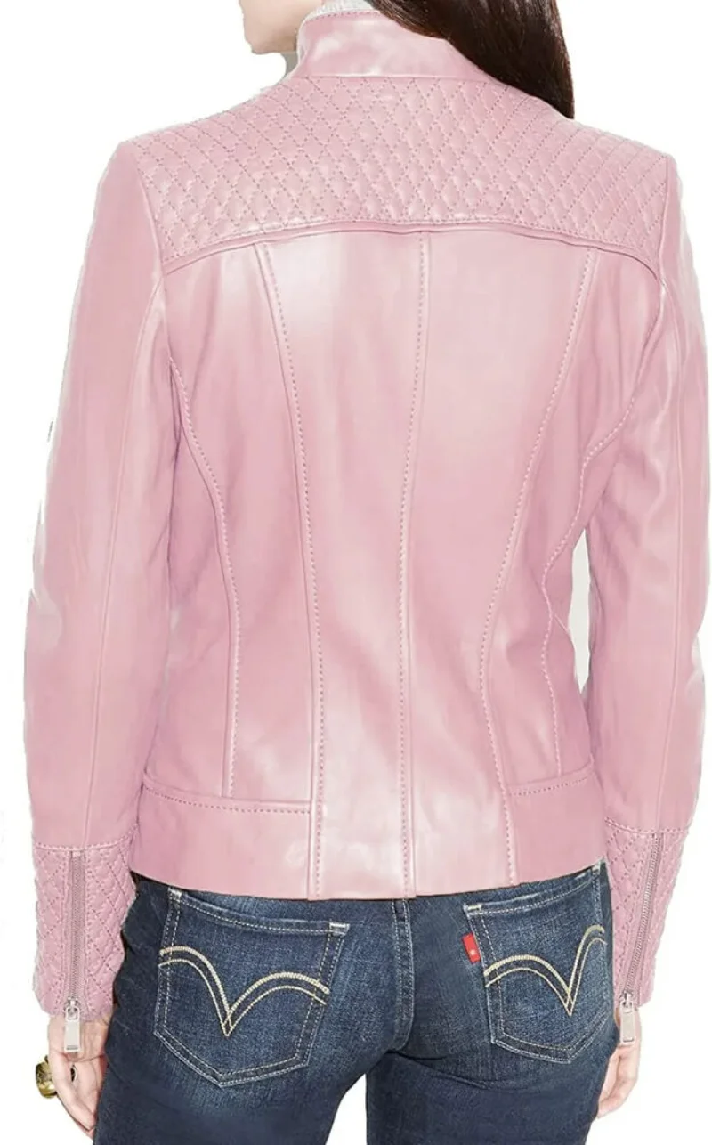 Women Lambskin Leather Jacket Ladies Coat Fashion Motorcycle Jacket Slim Fit Pink Leather Trench Coat