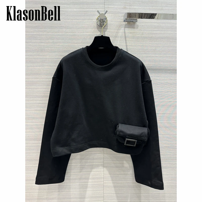 

12,3 KlasonBell модный Свободный хлопковый короткий пуловер с круглым вырезом и длинными рукавами с надписью и карманами для женщин